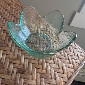 Teal Glass Flower Trinket Bowl